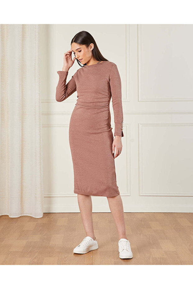 Women Taupe Long Sleeve Body Cone Dress