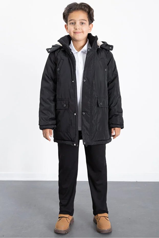 Boy's Lined Fur Detachable K Hooded Children's Coat