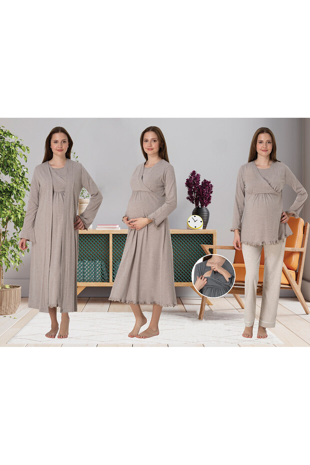 Dvina Maternity 4-Piece Set - Dressing Gown/Pajama Set/Nightgown Beige - 4046