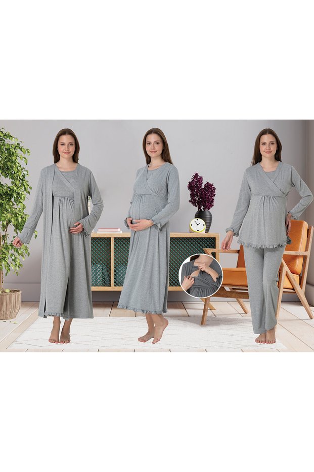 Dvina Maternity 4-Piece Set - Dressing Gown/Pajama Set/Nightgown Gray - 4046
