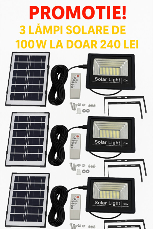 Set of 3 Solar LED Floodlights 100W with Remote Control, Twilight Sensor & Accessories - 1