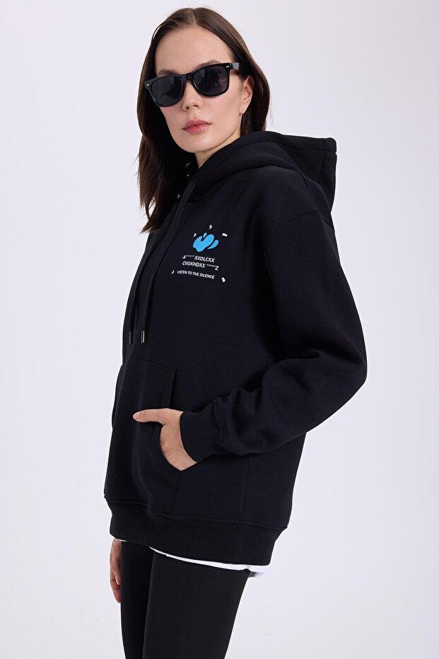 Women's Oversized Wide Cut Cotton Soft Textured Fleece Inside B Printed Black K Hooded Sweatshirt
