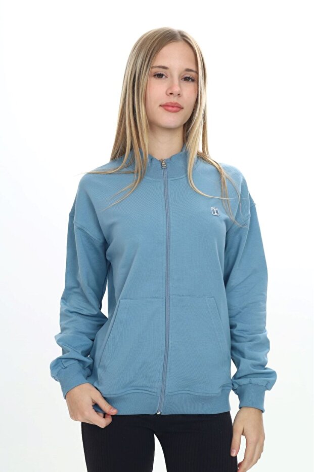 Blue Girl's Mock Neck Zippered Pocket Embroidery Printed Knitted Cardigan - 2 Thread