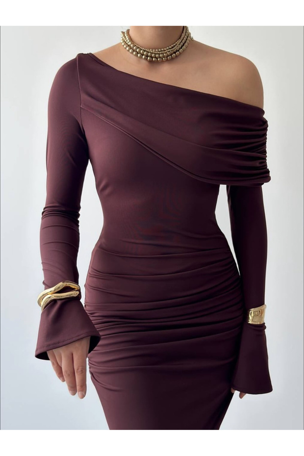 Kahverengi Kadın Tek Omuz Düşük Drapeli Uzun Tasarım Elbise - 7