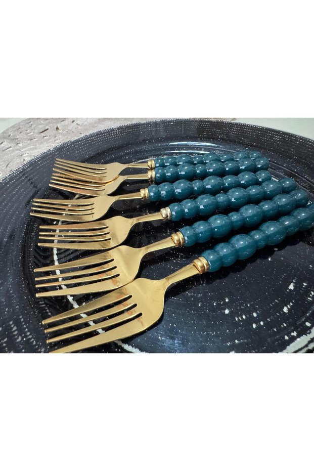 Gold Dinner Forks with Pearls and Colored Beads, 6 Pieces
