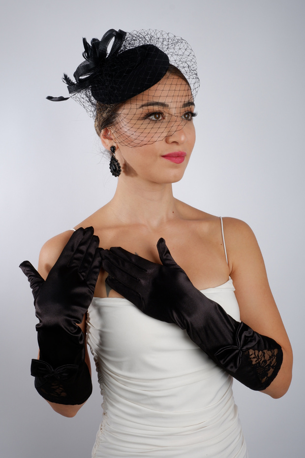 Black Satin Short Bridal Gloves Wedding Marriage Accessory Fascinator Hat Set