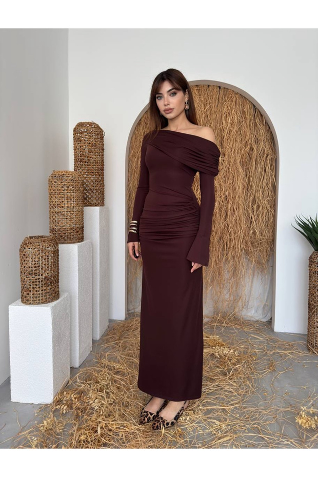 Kahverengi Kadın Tek Omuz Düşük Drapeli Uzun Tasarım Elbise - 8