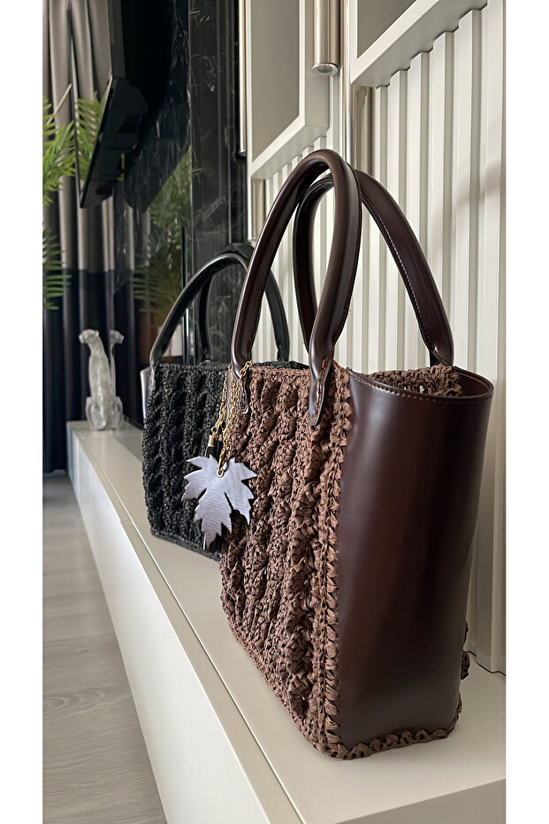 Handmade Leather Accessory Straw Shoulder Bag (40X42Cm) Brown Taba Black Color