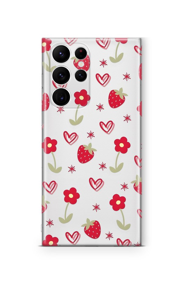 Samsung Galaxy S22 Ultra Compatible Strawberry and Heart Pattern Transparent Phone Case
