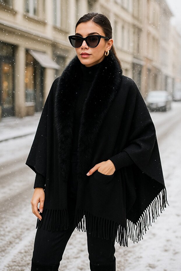 Soft Textured Fur Collar Tassels Poncho Shawl Premium Quality Furry Elegant Spring Season Black Model
