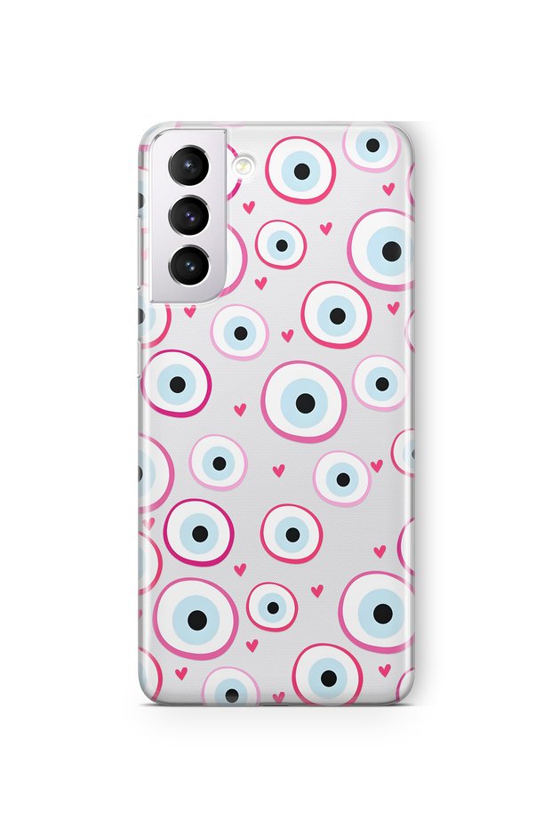 Samsung Galaxy S22 Compatible Pink Evil Eye Bead Patterned Transparent Phone Case