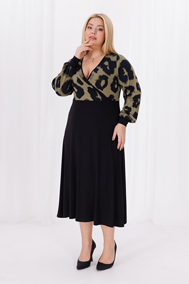 Women's Khaki Green Leopard Pattern Blocky Double-Breasted Neckline Balloon Sleeve Plus Size Stretchy Maxi Dress