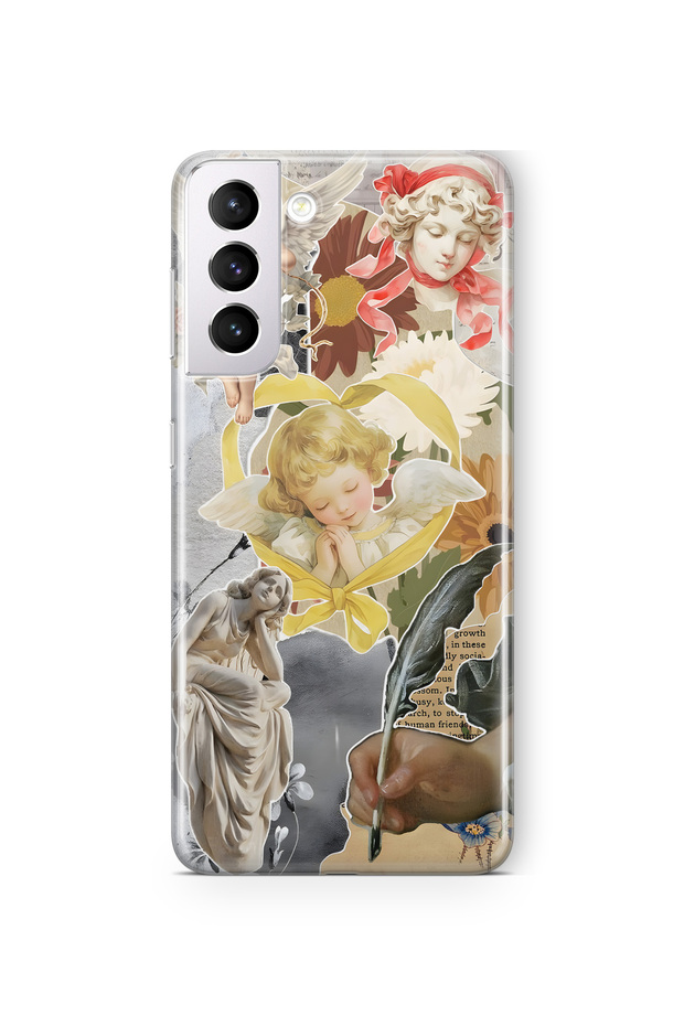 Samsung Galaxy S22 Compatible Angels and Sculpture Collage Pattern Transparent Phone Case