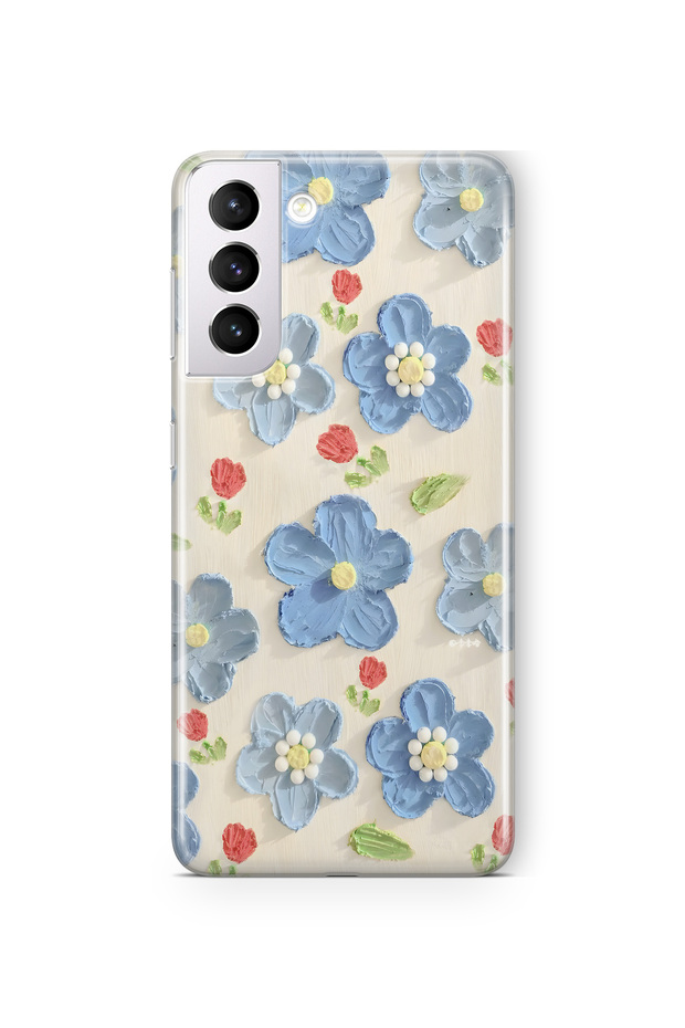 Samsung Galaxy S22 Compatible Blue Oil Painting Flower Pattern Transparent Phone Case
