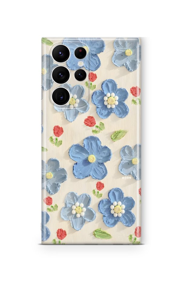 Samsung Galaxy S22 Ultra Compatible Blue Oil Painting Flower Pattern Transparent Phone Case