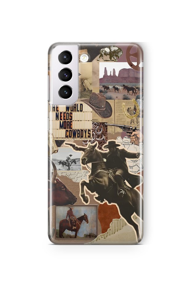 Samsung Galaxy S22 Compatible Cowboy Western Collage Pattern Transparent Phone Case