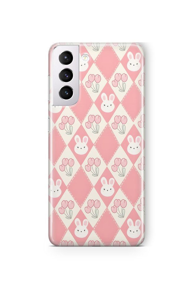 Samsung Galaxy S22 Compatible Rabbit and Tulip Pattern Transparent Phone Case