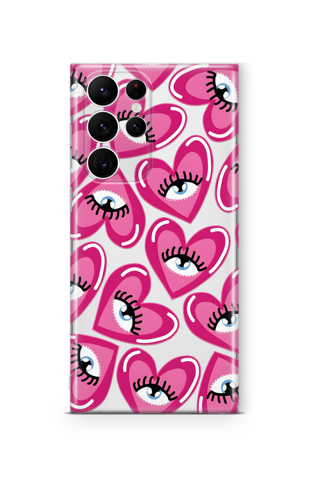 Samsung Galaxy S25 Ultra Compatible Pink Heart Eye Pattern Transparent Phone Case