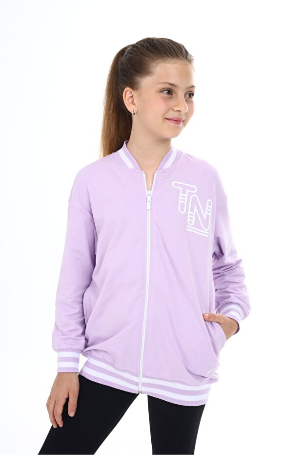 Lilac Girls' College Collar Zippered Off Shoulder Printed Knitted Cardigan - 2 Thread