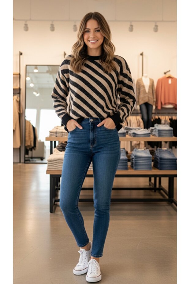 Women's Striped Patterned Soft Sweater (Compatible with Sizes 38/40/42)