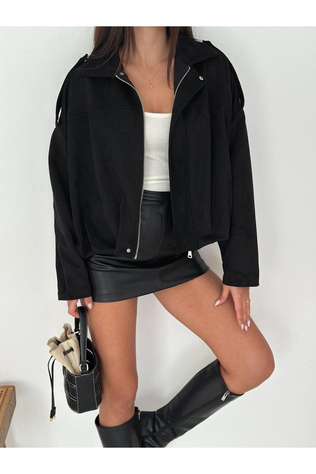 Oversized Black Suede Fabric Jacket with Epaulet Detail