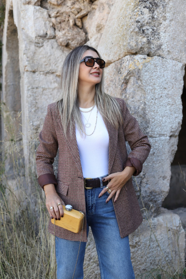 Acı Kahve Astarlı Kazayağı Blazer - 2