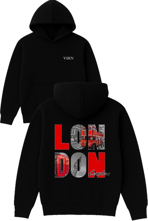 London Red Design Printed Oversized Black Hooded Sweatshirt