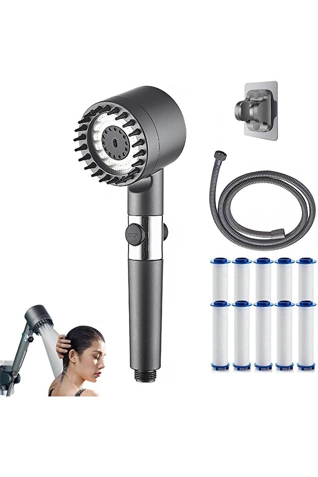 Multifunctional Massage High-Pressure Handheld Shower Head Set – 3 Modes (Gray)