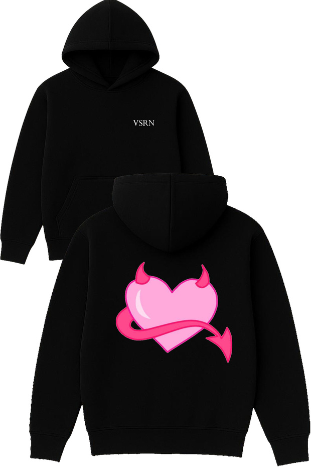 Tail Heart Design Printed Oversized Black Hooded Sweatshirt