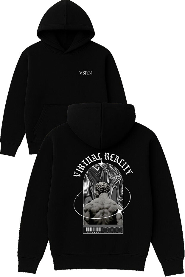 Vırtual Realıty Design Printed Oversized Black Hooded Sweatshirt