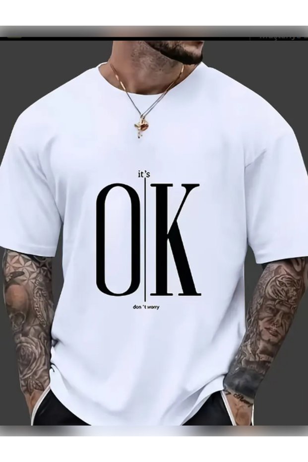 Unisex Oversized Ok Printed 100% Cotton 30/1 Crew Neck Short Sleeve White T-Shirt