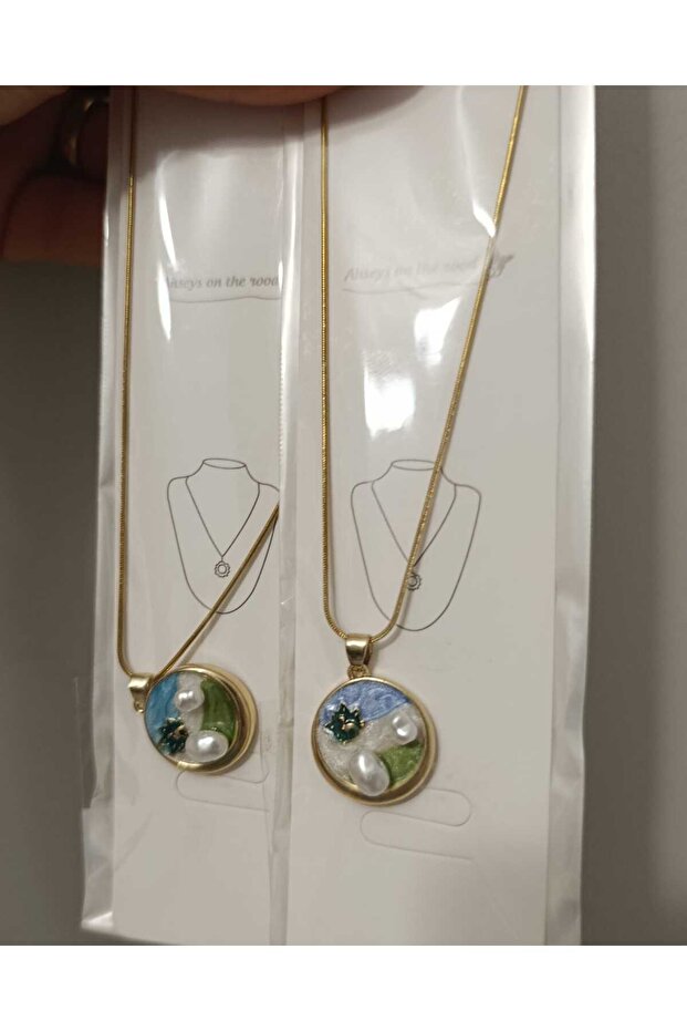 ÇİÇEK İŞLEMELİ,İNCİ MİNELİ ÇELİK KOLYE - 3