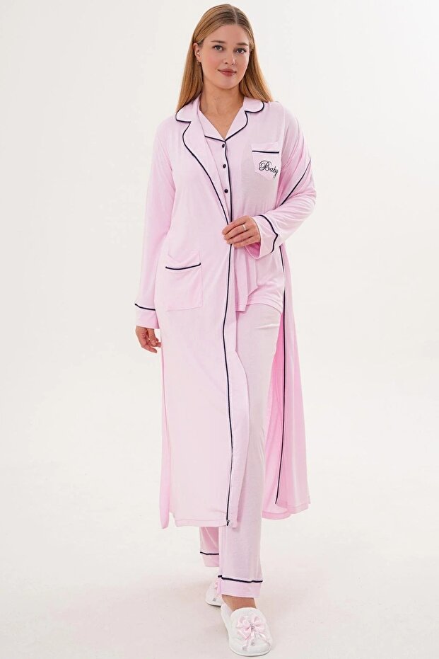 Women's Bathrobe Long-Sleeved Button-Down 3-Piece Pajama Set %65 Cotton %35 Viscose