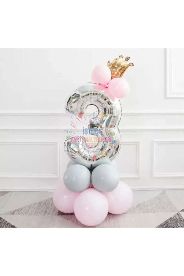 Silver Number and King Crown Foil Balloon Birthday Age 3