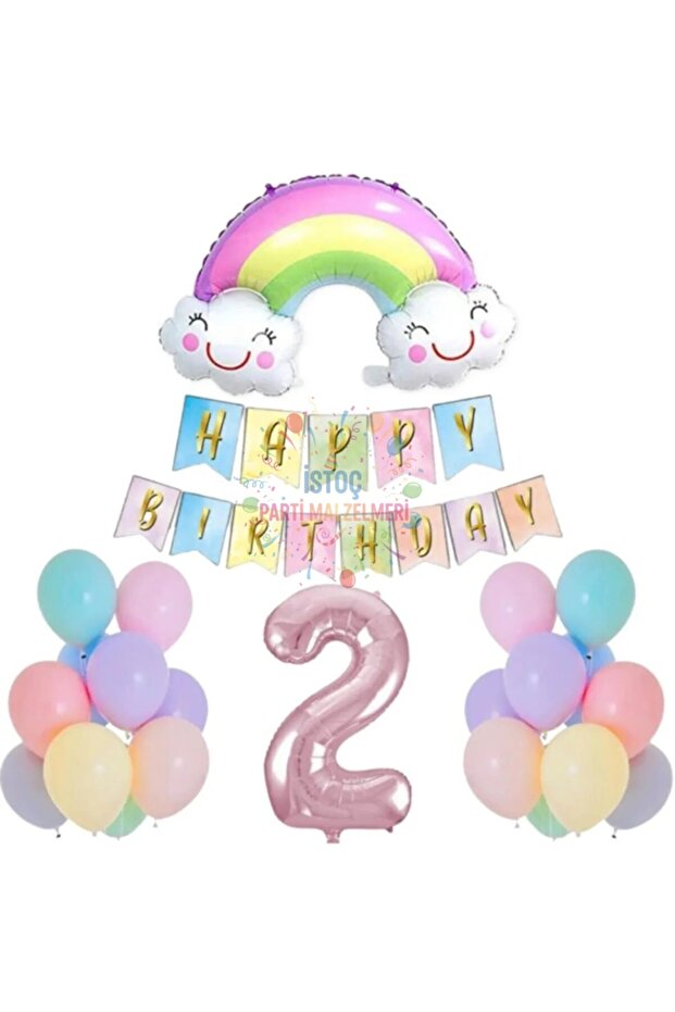 Smiling Rainbow Pink Number Foil Balloon Set Age 2