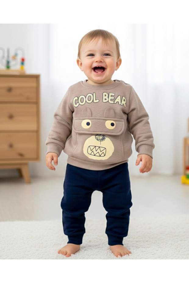 Baby Boy Winter 3-Layer Fleece Suit Fleece-Lined Cool Bear Printed Kangaroo Pocket Suit 6-9-12-18-24 Months
