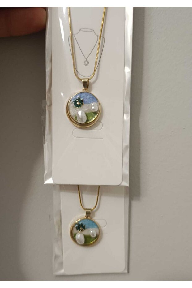 ÇİÇEK İŞLEMELİ,İNCİ MİNELİ ÇELİK KOLYE - 1