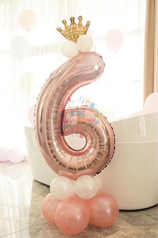 İstoç 6 Year Old Rose Gold Number Balloon Golden King Crown Balloon Set
