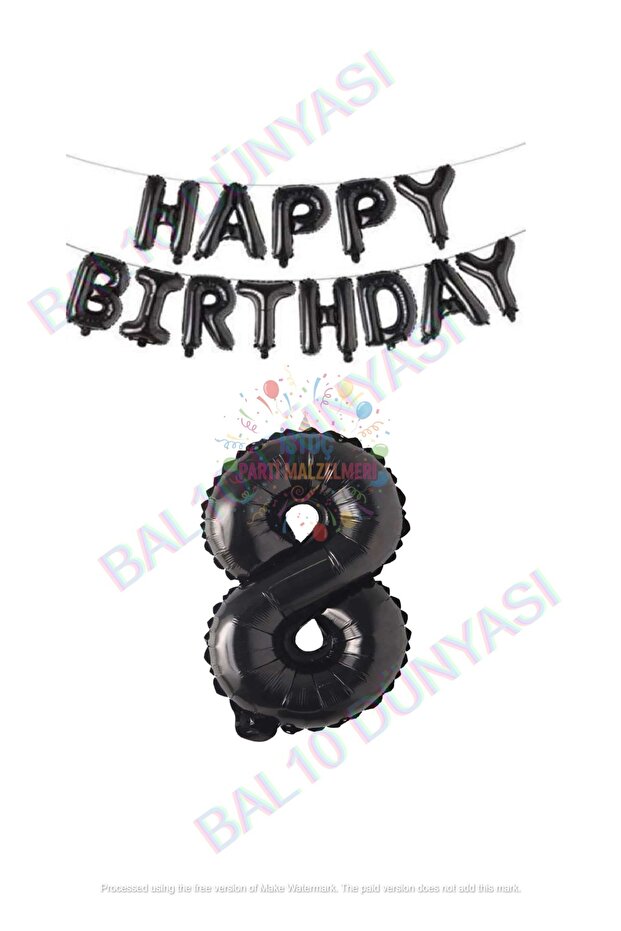 İstoç Black Happy Birthday Color Foil Balloon and Number Set Age 8