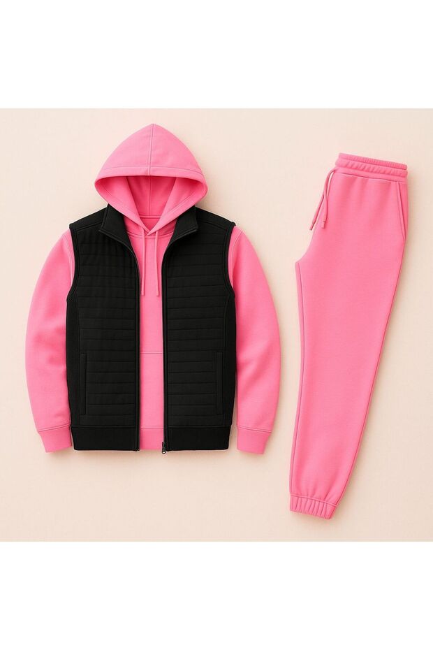 New Season Basic Quilted Vest & Winter Sweatpants & Hooded 3 Thread Sweatshirt 3-Piece Set