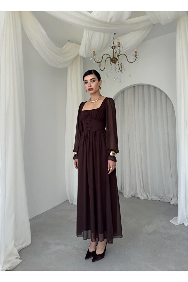 Kare Yaka Uzun Kollu Tamo Korsaj Bağlama Maxi Elbise - 8