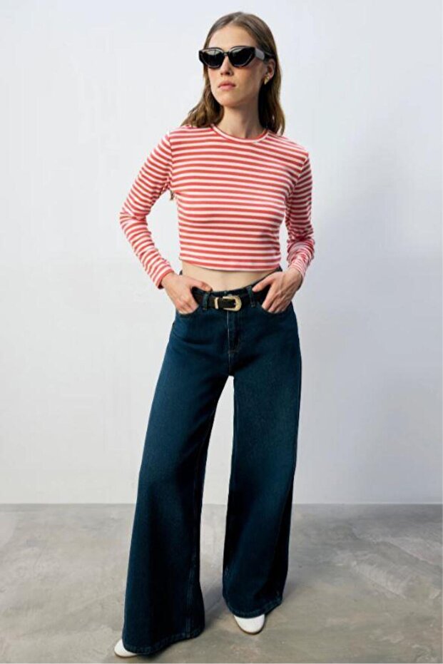 %100 Pamuk Çizgili Basic Örme Tişört Kırmızı - 2