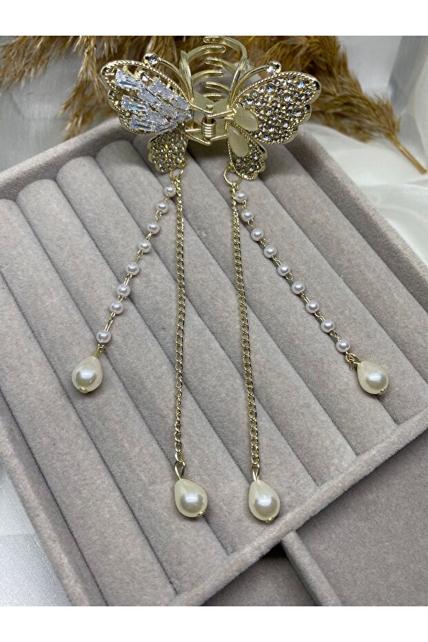 Luxury Butterfly Design Double Chain Pearl Dangle Clasp