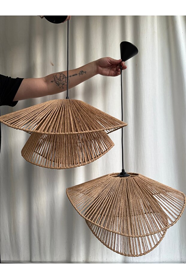 El Yapımı Jüt Hasır Rattan Avize - Bohem Rustik Iskandinav Tarz - Duy Dahil - 3