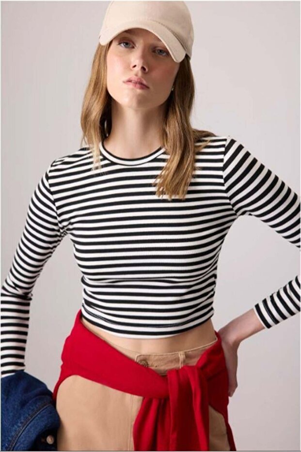 %100 Pamuk Çizgili Basic Örme Tişört Siyah - 1