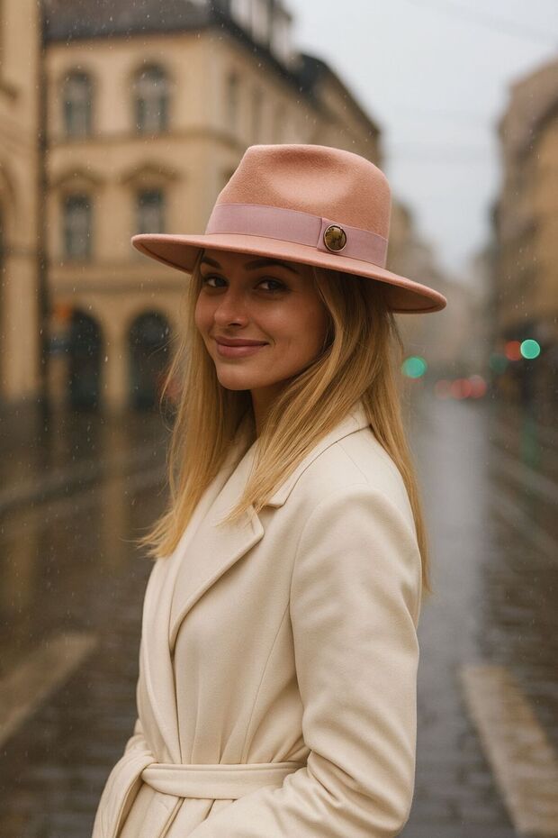 Salmon Metal Button Detailed Panama Fedora Cowboy Women's Hat