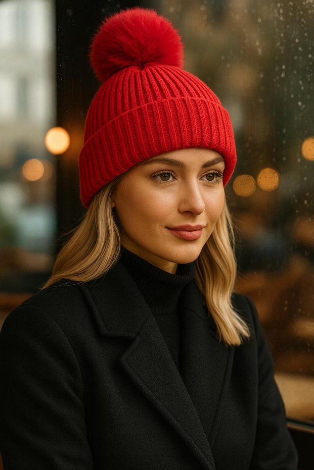 Red Corded Fabric Plush Pompom Women's Beret