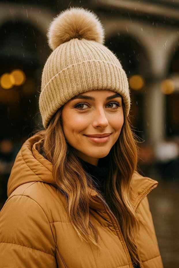 Beige Corded Fabric Plush Pompom Women's Beret
