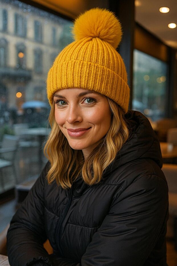 Yellow Corded Fabric Plush Pompom Women's Beret