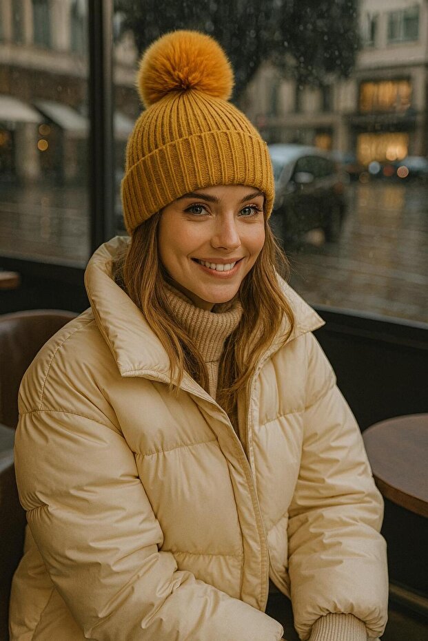 Safran Corded Fabric Plush Pompom Women's Beret